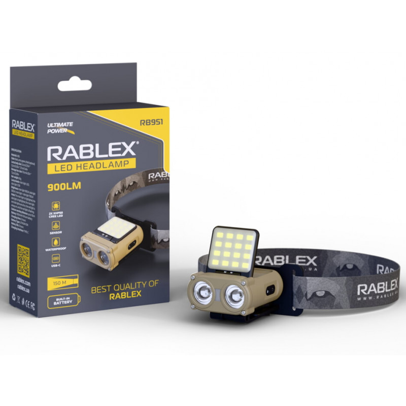 Налобний ліхтар Rablex RB951, червоний+білий світло, 2хXPL+16хCOB+1хRED COB, акум, Type-C