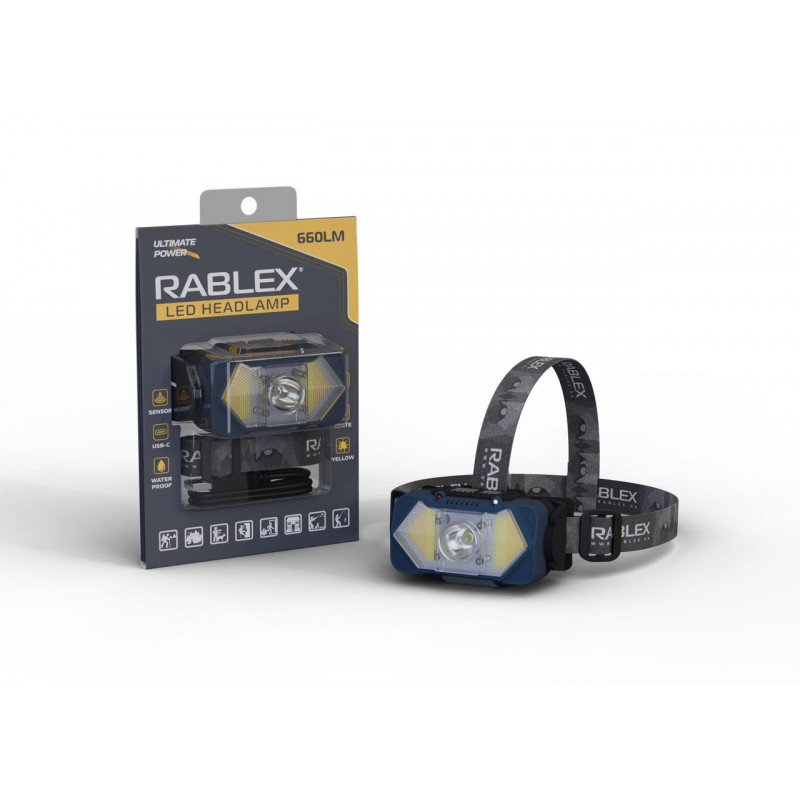 Налобний ліхтар Rablex RB964, жовтий+білий+червоний, 1хT6+2хCOB, Сенсор, акум, Type-C