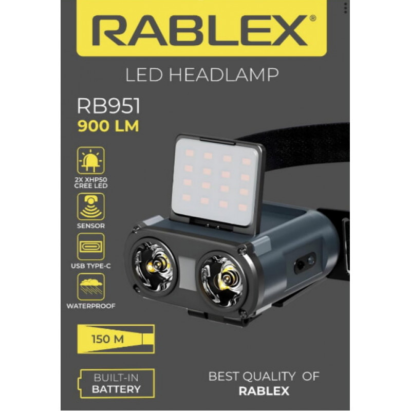 Налобний ліхтар Rablex RB951, червоний+білий світло, 2хXPL+16хCOB+1хRED COB, акум, Type-C