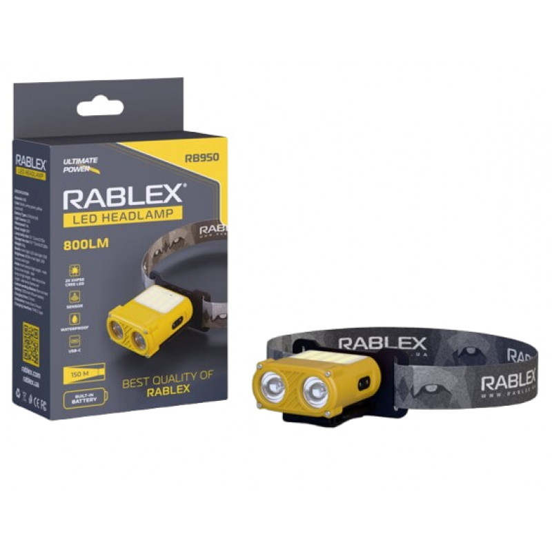 Налобний ліхтар Rablex RB950, червоний+біле світло, 2хXPL+16хCOB+1хRED COB, акум, Type-C
