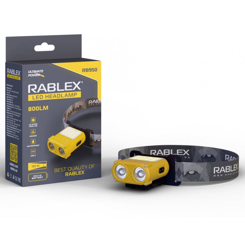 Налобний ліхтар Rablex RB950, червоний+біле світло, 2хXPL+16хCOB+1хRED COB, акум, Type-C