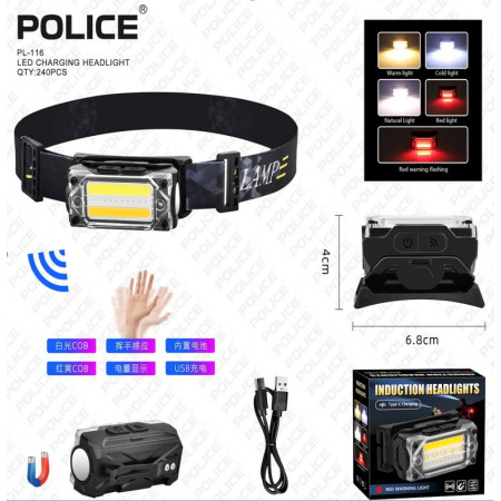 Налобний ліхтар Police PL-116, білий+жовтий+червоний, сенсор, акум, магніт, Type-C