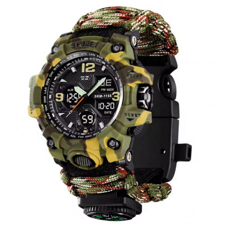 Годинники наручні SKMEI 1155BCMGN, PARACORD, ЗЕЛЕНИЙ КАМУФЛЯЖ, Компас, термометр, свисток, кресало, 10460