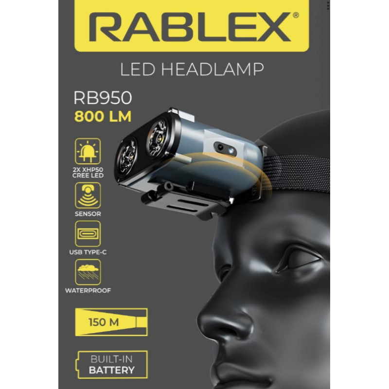 Налобний ліхтар Rablex RB950, червоний+біле світло, 2хXPL+16хCOB+1хRED COB, акум, Type-C