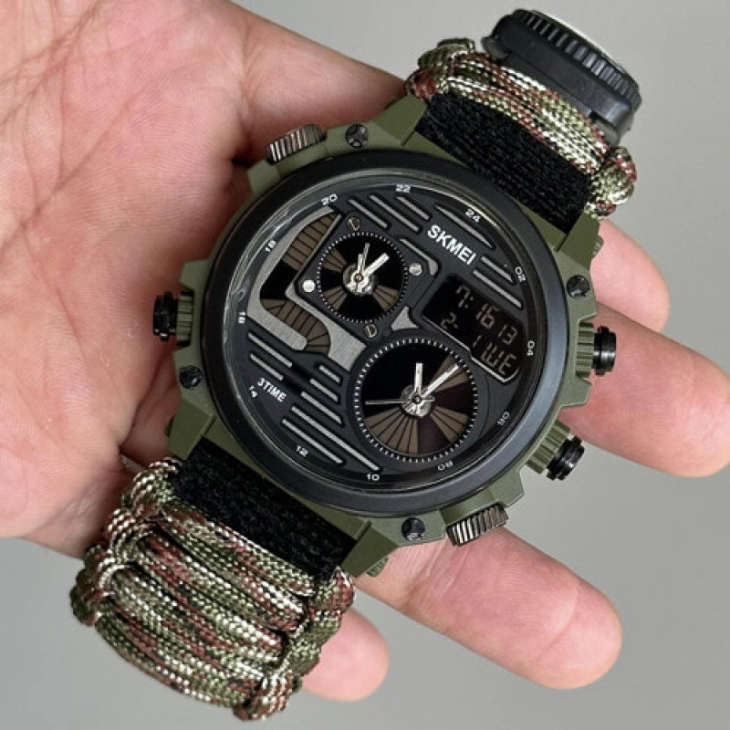 Годинники наручні SKMEI 2202CMGN, PARACORD, ЗЕЛЕНИЙ КАМУФЛЯЖ, Компас, термометр, свисток, кресало, 10349