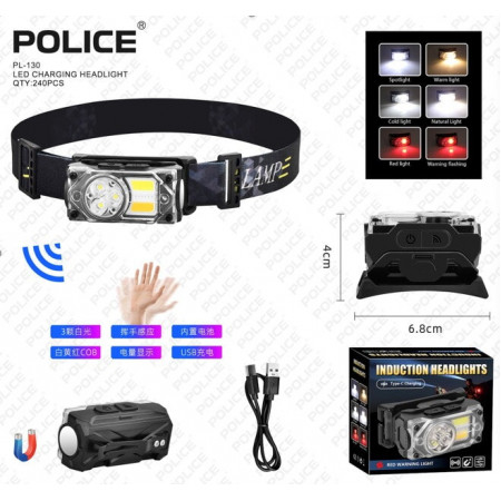 Налобний ліхтар Police PL-130, білий+жовтий+червоний, сенсор, акум, магніт, Type-C