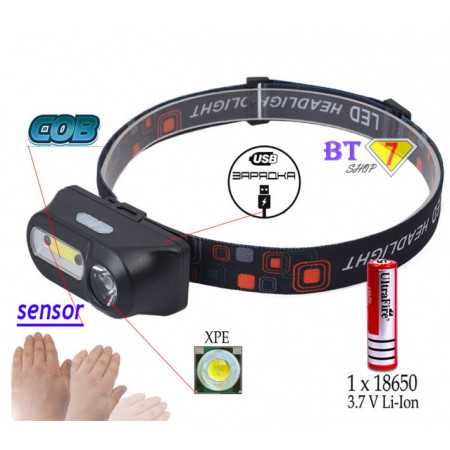Налобний ліхтар Bailong BL-1804A, LED+COB, сенсор, акумулятор 18650, micro USB