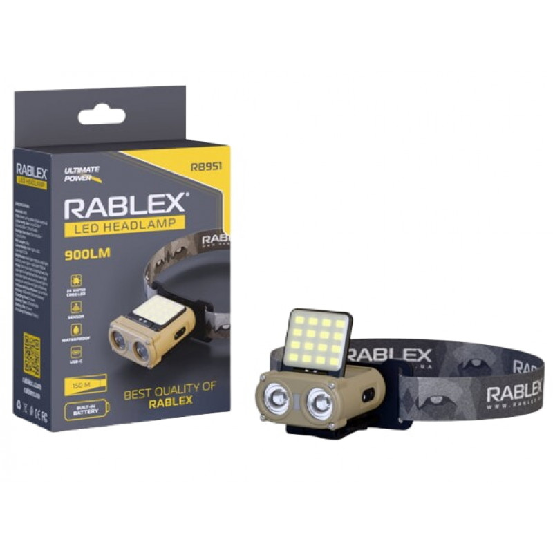 Налобний ліхтар Rablex RB951, червоний+білий світло, 2хXPL+16хCOB+1хRED COB, акум, Type-C