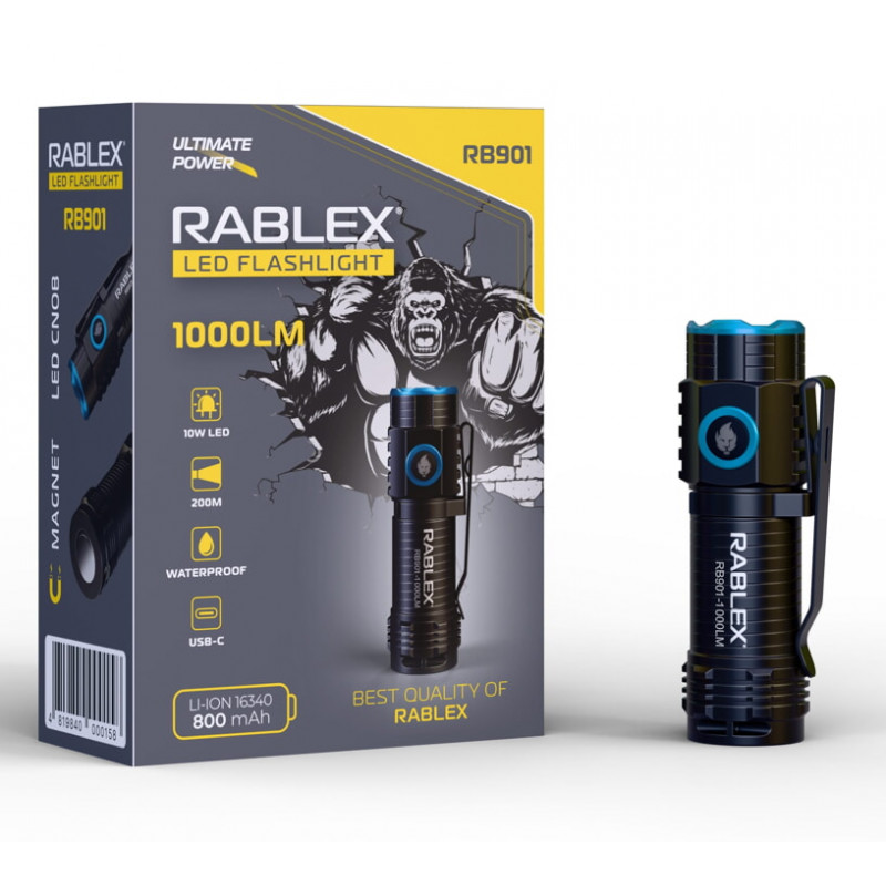 Ручний ліхтар Rablex RB901, Li-ion 16340, Zoom, ЗУ Type-C,