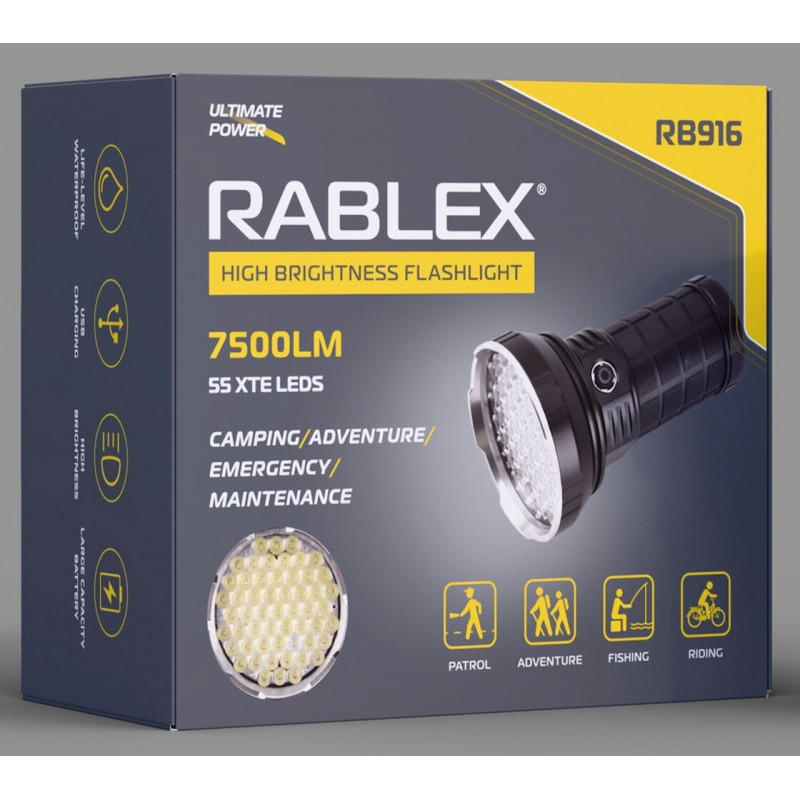 Ручний ліхтар Rablex RB916, 55LED, 4х18650 акум, Type-C, 7500LM