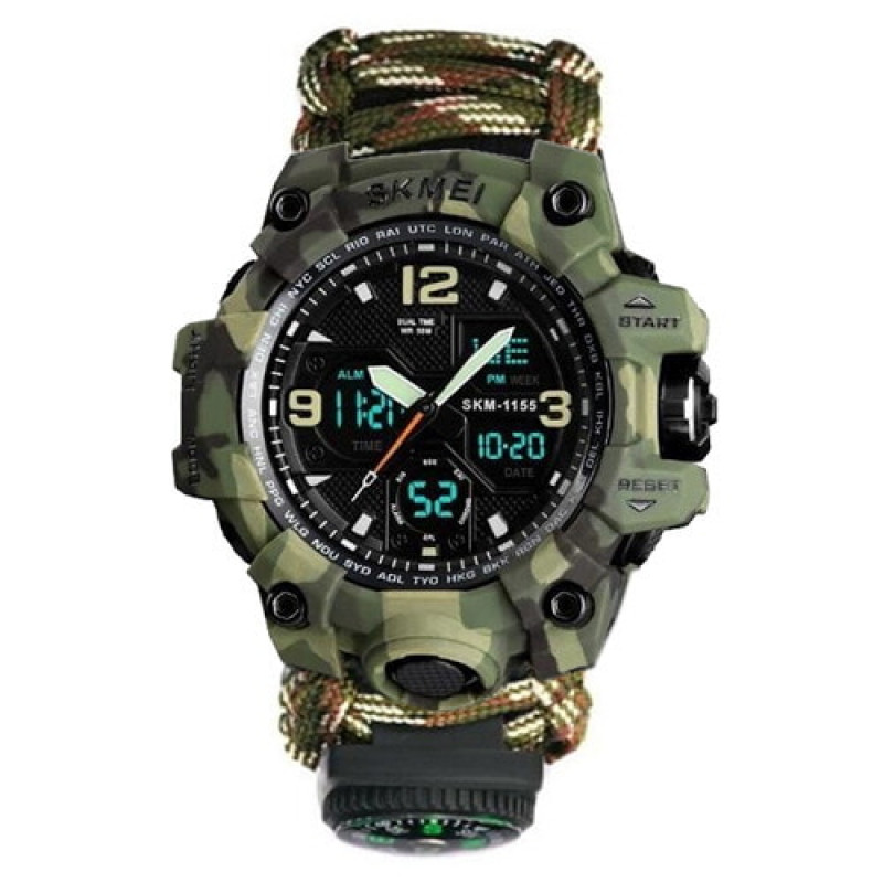 Часы наручные SKMEI 1155BCMGN, PARACORD, GREEN CAMO, Compass, термометр, свисток, кресало, 10460