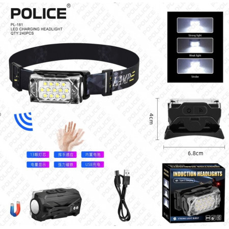 Налобний ліхтар Police PL-181, акум, магніт, сенсор, Type-C