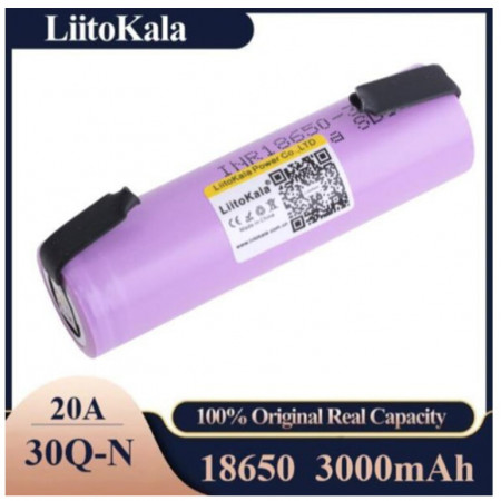 Акумулятор високотоковий 18650, LiitoKala 30Q-N, 3000mAh, з контактами під пайку