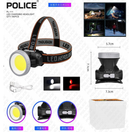 Налобний ліхтар Police PL-111, білий+червоний, акум, Type-C