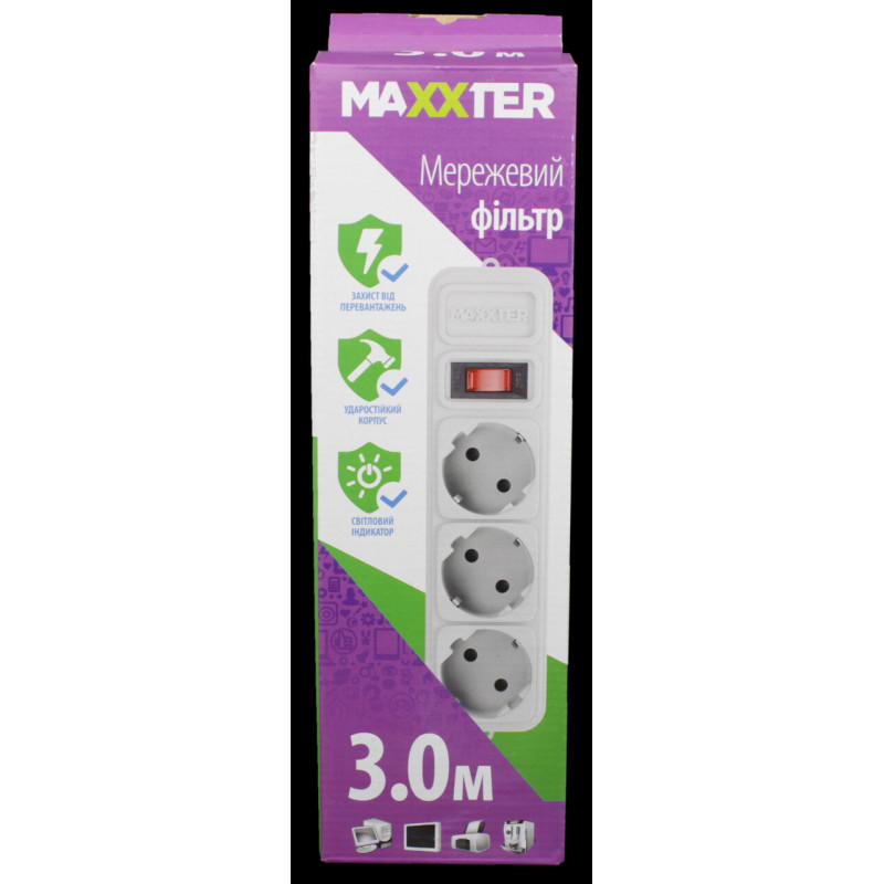 Сетевий фільтр Maxxter SPM3-G-10G 3 розетки, 3 метри