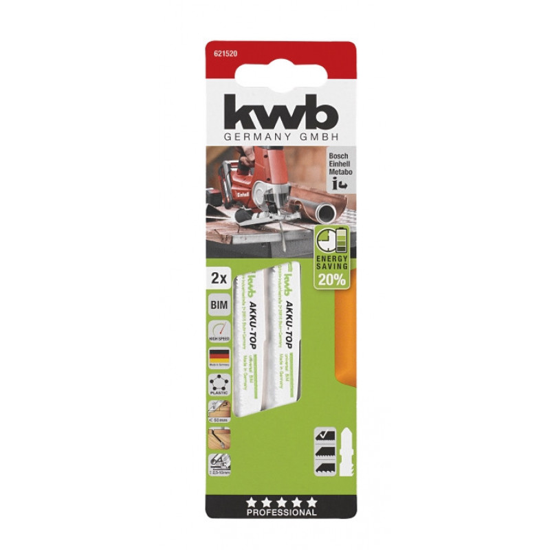 Пилки для лобзика, по металу, Bi-Metall 80/57 мм, 2 шт, ACCU TOP KWB (621520)