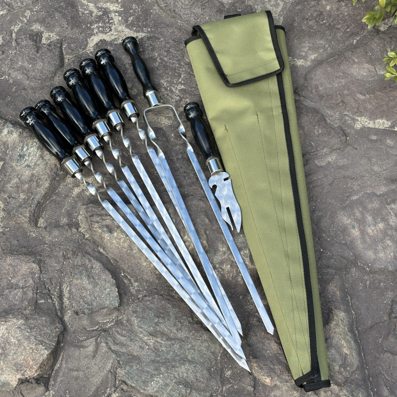 Набір шампурів Ліра 6/1/1 чорна ручка в зеленому чохлі