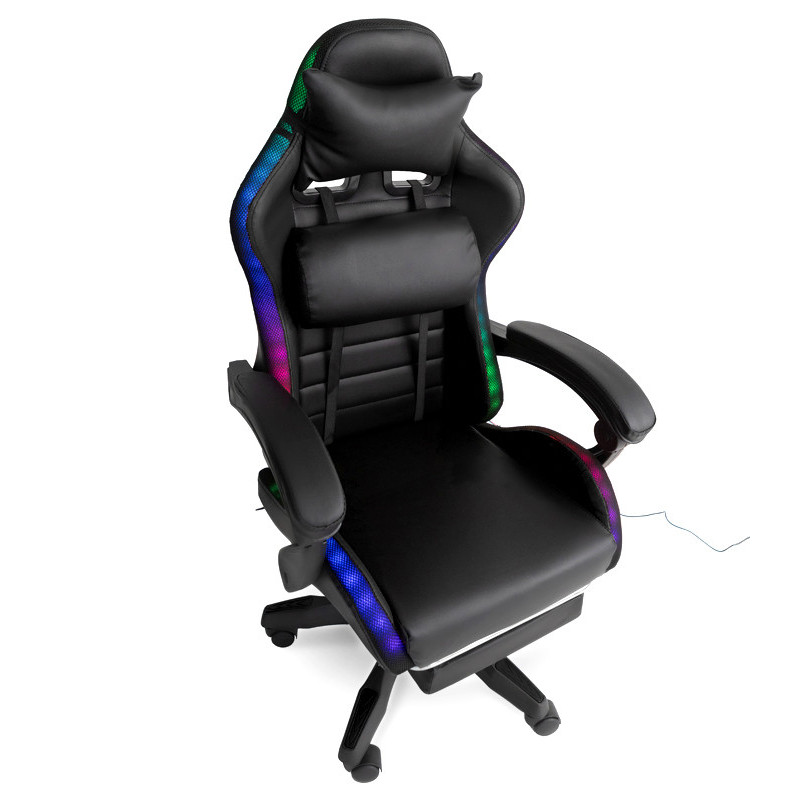 Геймерское кресло с подсветкой RGB, подушками и выдвижной подставкой для ног, Черный (G895)