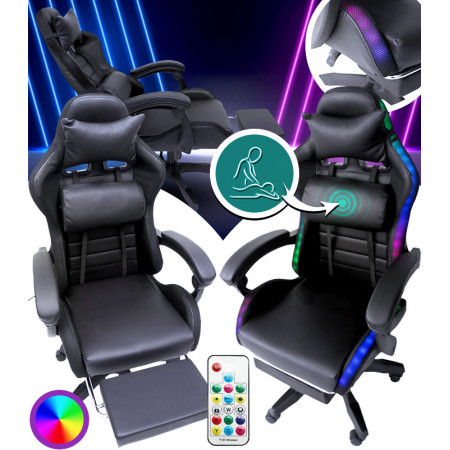 Геймерское кресло с подсветкой RGB, подушками и выдвижной подставкой для ног, Черный (G895)