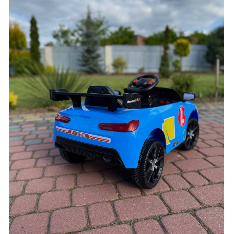 Дитячий спортивний електромобіль кабріолет зі спойлером Cabrio 6V 5A (пульт, LED-фари, музика, педаль газу), Синій