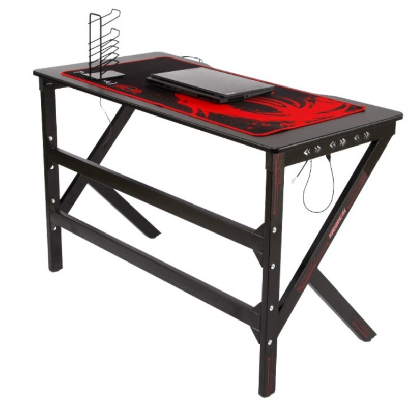 Игровой компьютерный стол с RGB LED-подсветкой, держателем для наушников и чашки, Черный