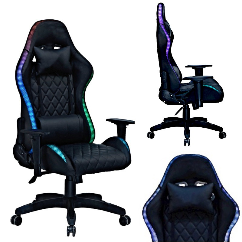 Геймерское компьютерное кресло с RGB-подсветкой, 2 эргономичными подушками и регулировкой угла наклона спинки, Черный (G400)