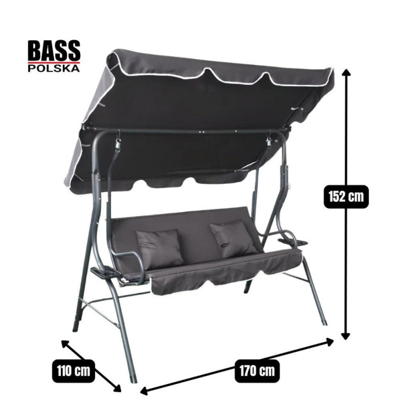 Качели садовые с подушками и подстаканниками 170х110х153 см Bass Polska BH 10030, антрацит