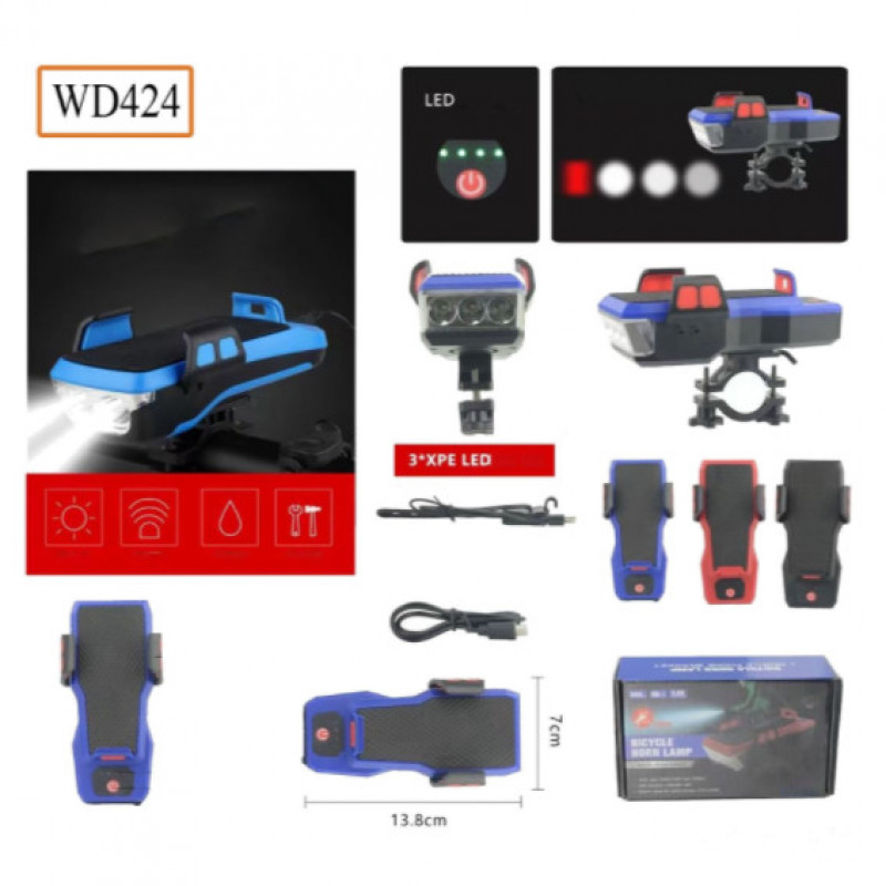 Велосипедная фара с держателем для телефона и звуковым сигналом, /MicroUSB/WD424
