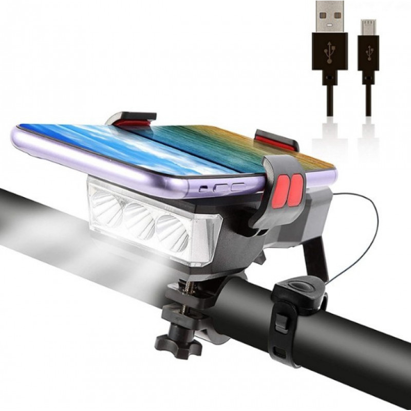 Велосипедная фара с держателем для телефона и звуковым сигналом, /MicroUSB/WD424