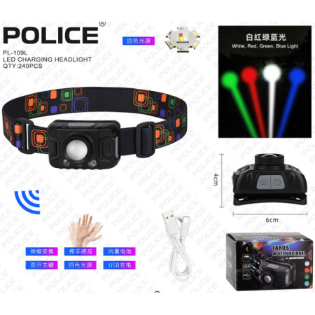 Налобний ліхтар Bailong PL-109L, red+blue+white+green, Type-C, Sensor