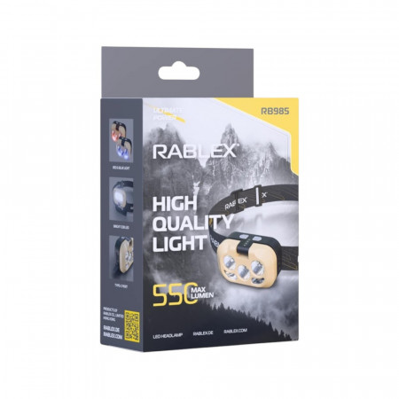 Налобний ліхтар Rablex RB985, білий + червоний + жовтий, 2 XPG LED, Sensor, акум, Type-C