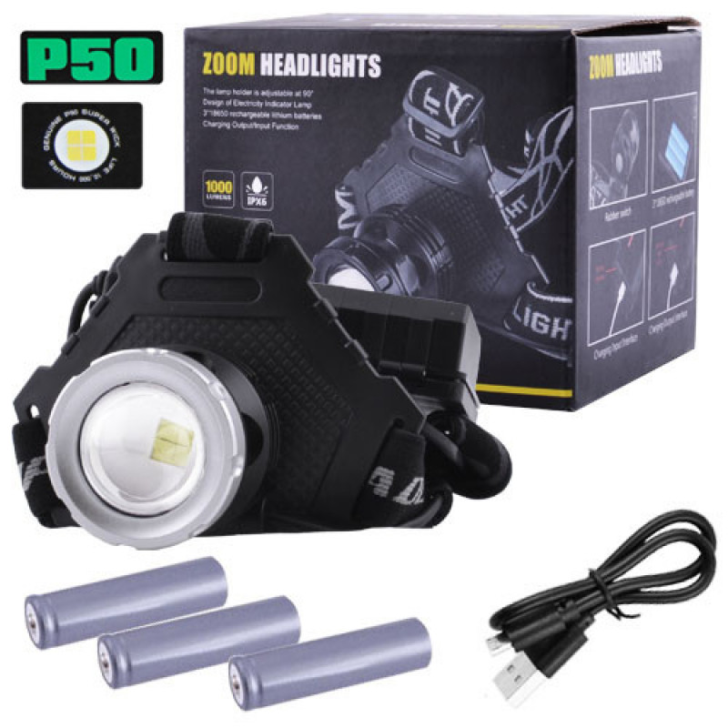 Налобний фонар T50Pro, HP50, 3х18650, ЗУ MicroUSB, P50 LED, Zoom