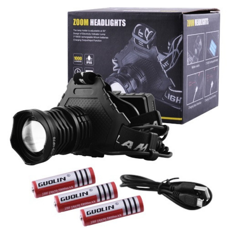 Налобний ліхтар T70Pro, HP70, 3х18650, ЗУ MicroUSB, P50 LED, Zoom