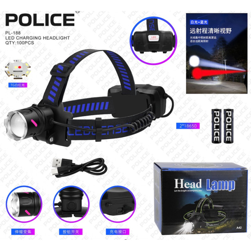 Налобний ліхтар Bailong PL-188, Red+White, 2x18650, Type-C, TG LED, Zoom