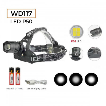 Налобний ліхтар RB117, 2х18650 Акк., P50 LED, Zoom