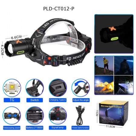 Налобний ліхтар CT012-P-TG, 2x18650, ЗУ Type-C, сигналізаційне світло, зум