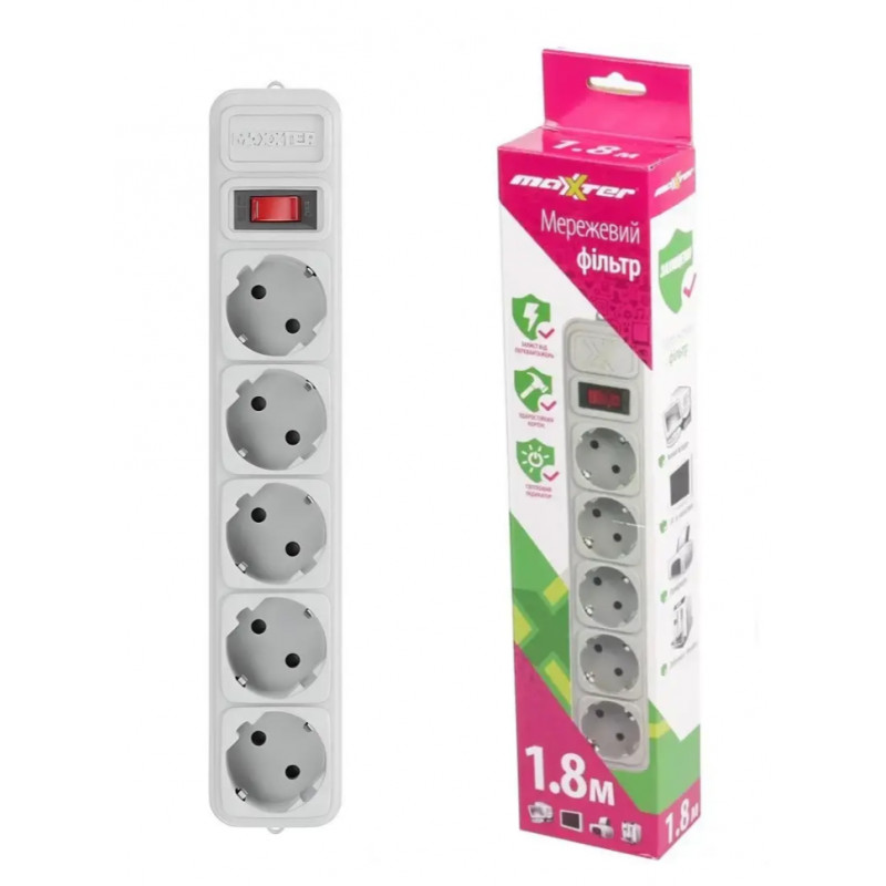 Сетевий фільтр Maxxter SPM5-G-6G 5 гнізд, 1.8 метра