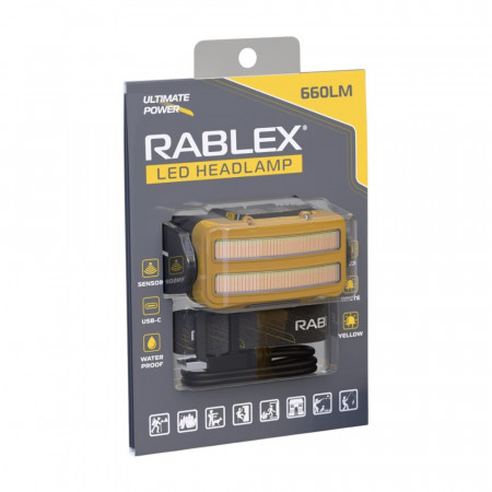 Налобний ліхтар Rablex RB979, жовтий + білий + червоний, 3хT6+4хCOB, Sensor, акум, Type-C