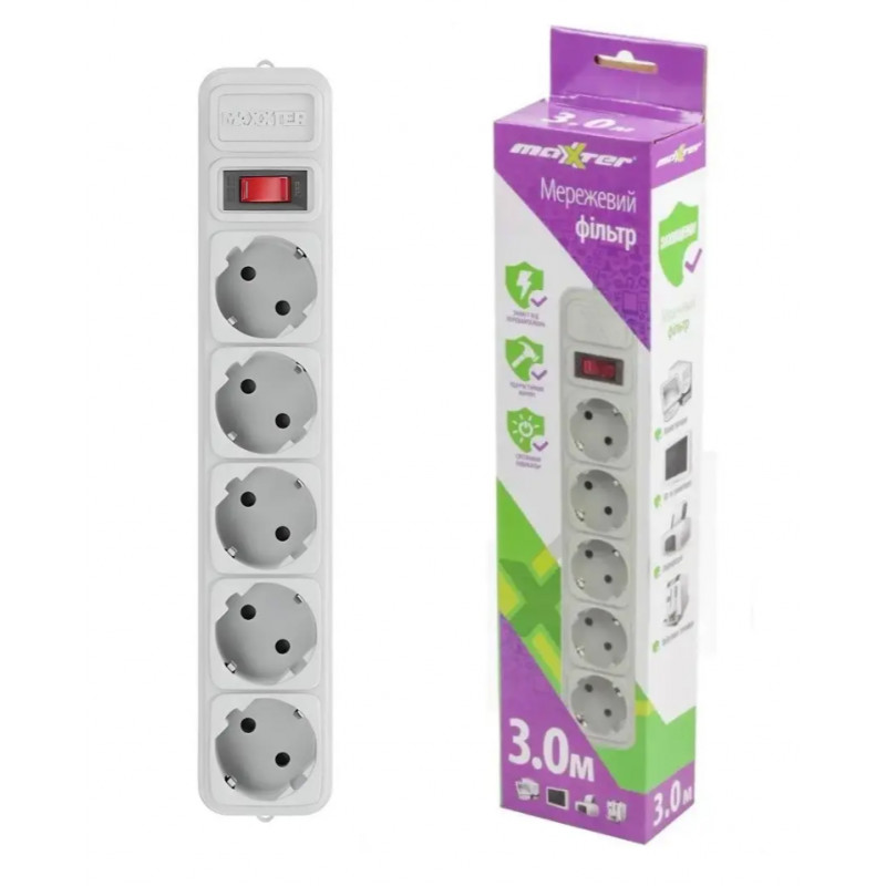 Сетевой фильтр Maxxter SPM5-G-10G 5 гнёзд, 3 метра