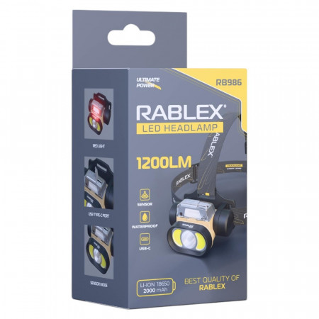 Налобний ліхтар Rablex RB986, біле + фарбоване світло, 1200 Lumen, Type-C, Сенсор, водонепроникний
