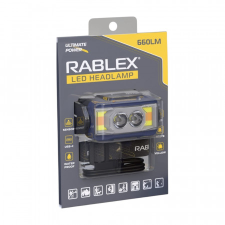 Налобний ліхтар Rablex RB980, жовтий + білий + червоний, 3хT6+4хCOB, Sensor, акум, Type-C