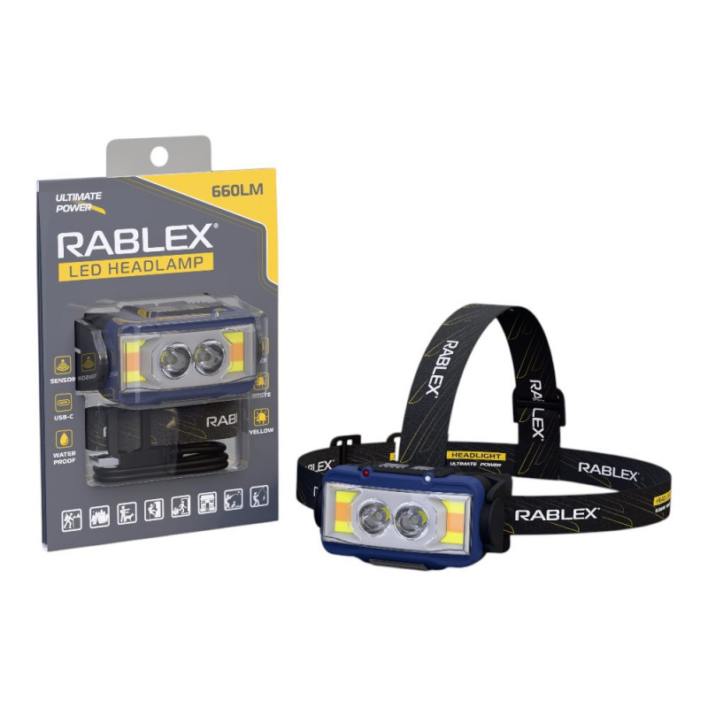 Налобний ліхтар Rablex RB980, жовтий + білий + червоний, 3хT6+4хCOB, Sensor, акум, Type-C