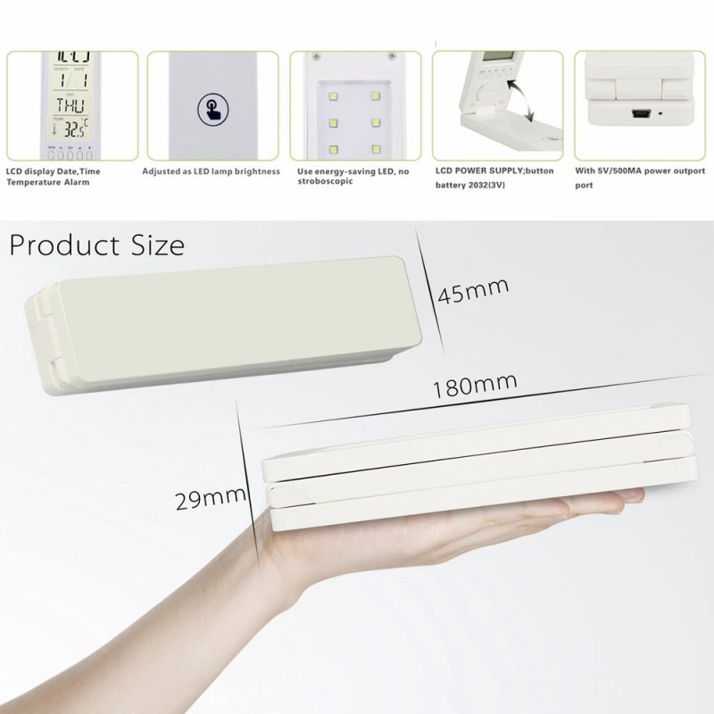 Настольная LED лампа аккумуляторная 18LED/ Часы+Дата+Температура/ ЗУ MicroUSB