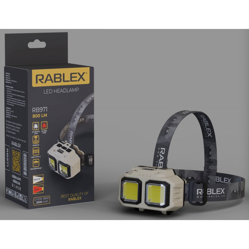 Налобний ліхтар Rablex RB971, білий+червоний, 2хLed+2хCOB, Сенсор, 1х18650 акум, Type-C
