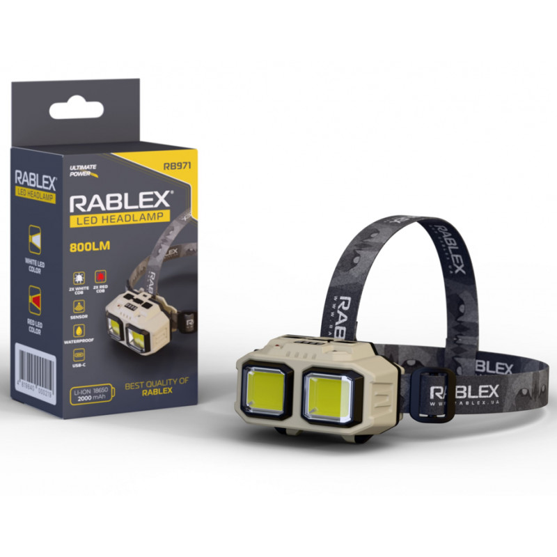Налобний ліхтар Rablex RB971, білий+червоний, 2хLed+2хCOB, Сенсор, 1х18650 акум, Type-C