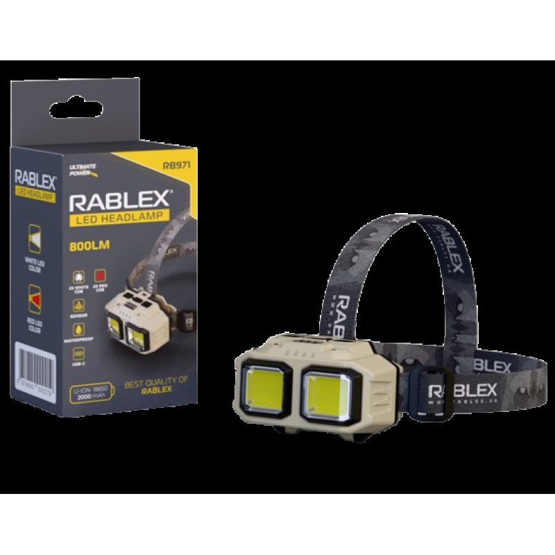 Налобний ліхтар Rablex RB971, білий+червоний, 2хLed+2хCOB, Сенсор, 1х18650 акум, Type-C