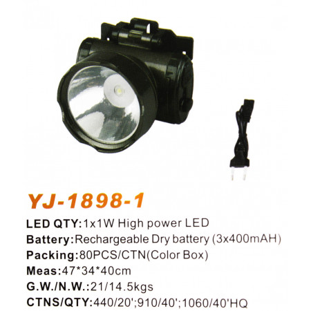 Налобний фонар Yajia YJ-1898-1, Акумулятор, 1LED