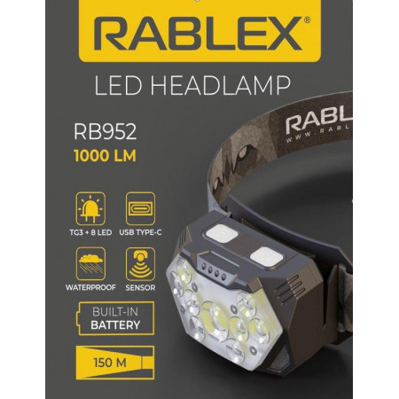 Налобний ліхтар Rablex RB952, жовтий+білий+червоний, 3хTG+8хLED+2хRED LED, Сенсор, акум, Type-C