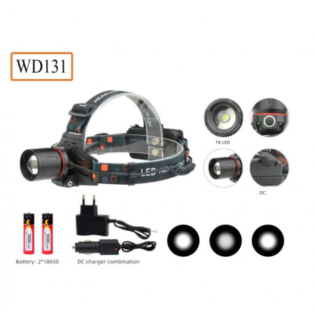 Налобний ліхтар WD131, Акк., T6 LED, Zoom
