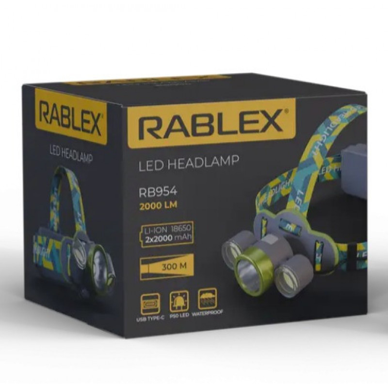 Налобний ліхтар Rablex RB954, T6+2хCOB, 2х18650 акум, Type-C